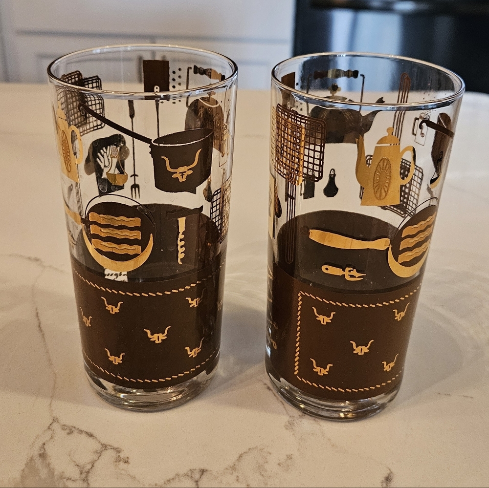 Vintage Barware Tumbler Set in Brown and Gold Western 1950s MCM
